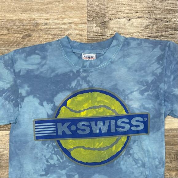 Vintage 90s All Sport K-Swiss Blue Tie Dye Mens Small Tennis Graphic T-Shirt‎ - Picture 1 of 8